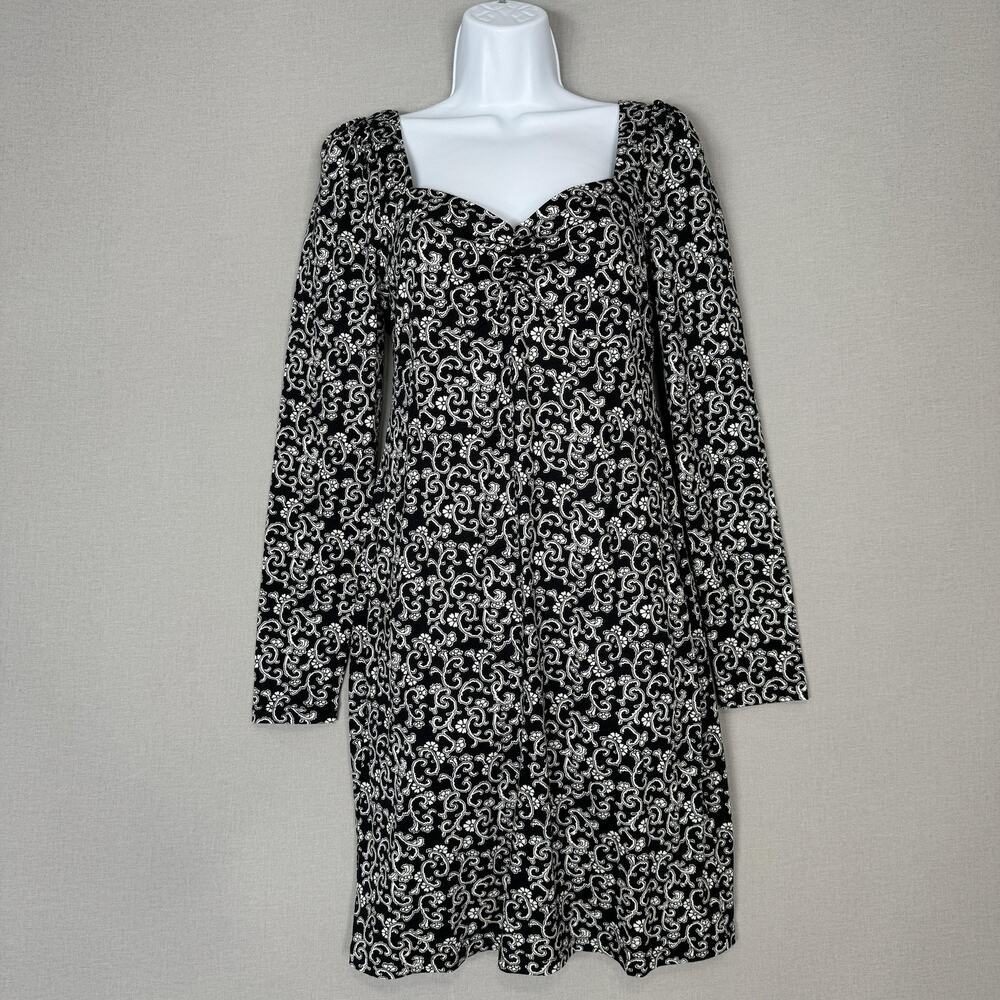 Boden Dress Womens 4 Black Swirl Sprig Sweetheart Jersey Mini Floral Puff Sleeve